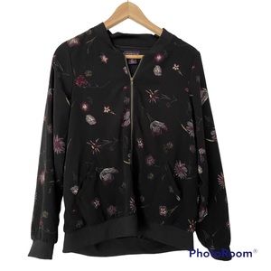AMARYLLIS BLACK/FLORAL LIGHTWEIGHT BOMBER STYLE JACKET WITH GOLD ZIPPER, SMALL